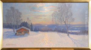 Vinterlandskap Med Timmerhus,, Signerad J E Stenstrom
