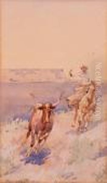 Cowboy Roping A Longhorn - view 1