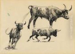 Studies Of Steers And Horses (a Group Of Four) by John Edward Borein