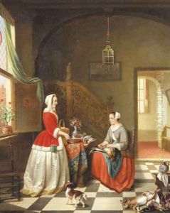 A lady giving instructions to her maid in a 17th century interior by Alexis van Hamme