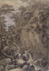 Sir George Beaumont and Joseph Farington painting a waterfall by Thomas Hearne