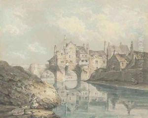 Elvet bridge, Durham, with a washerwoman in the foreground by Thomas Hearne