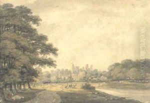 Thames landscape with a church tower in the distance by Thomas Hearne
