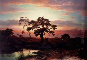 An Oak In An Extensive Coastal Landscape At Dusk Near Le Havre by Louwrens Hanedoes