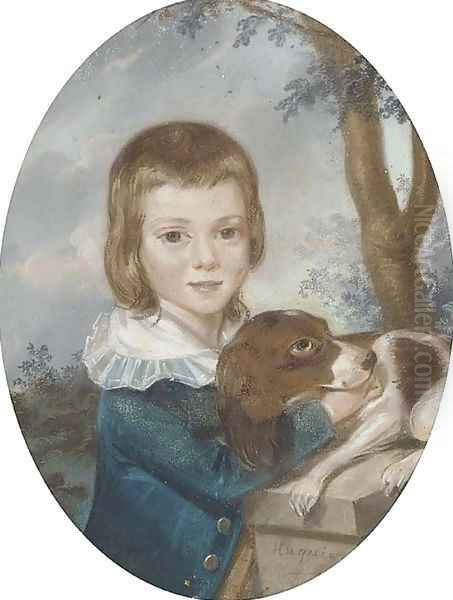 Portrait of a boy, small half-length, in a blue coat with white collar, standing by a pillar, his spaniel at his side - view 1