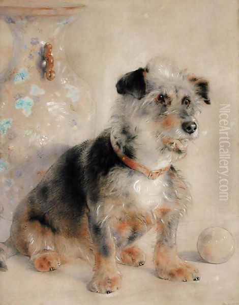 Terrier seated before a Canton Famille Rose Vase - view 1