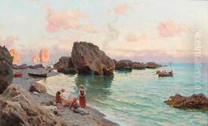 A coastal inlet with figures on a beach, Capri by Bernard Hay