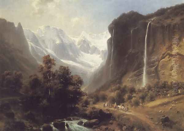 Travellers on a Mountainous Path by the Staubachfall Near Lauterbrunnen - view 1