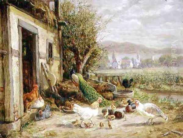 Chickens Ducks and a Peacock by a Canal - view 1