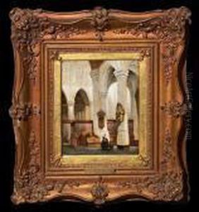 Church Interior With A Mother And Child. Signed Monogram by Johannes Bosboom