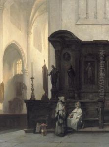 Gothische Kerk Te Wouw: A Gothic Church Interior With Monks Conversing by Johannes Bosboom