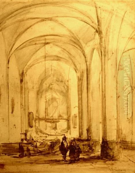 Schets Van Kerkinterieur Met Personen. Gesigneerd - view 1