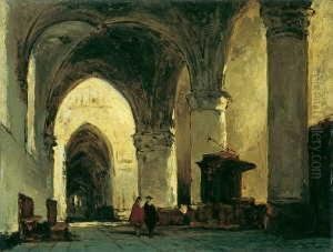 Kircheninterieur Mit Zwei Kavalieren Im Gesprach.