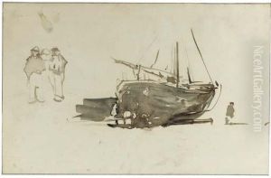 A Sketch Of A Fishing-boat With Figures On The Beach by Johannes Bosboom