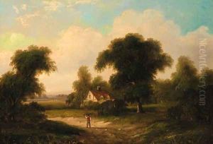 A faggot gatherer before a cottage in a wooded landscape