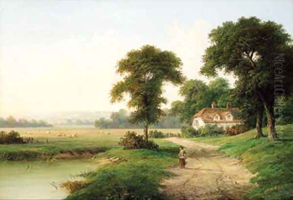 A child beside a pond with a cottage beyond - view 1