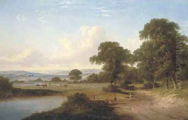 Children by a pond in a wooded landscape with cattle beyond - view 1