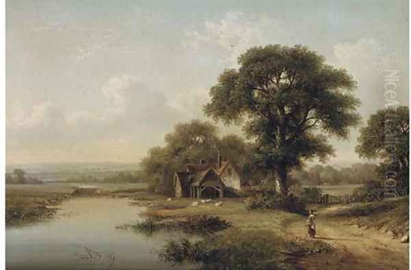 Figure on a beaten track, a cottage and sheep beyond - view 1
