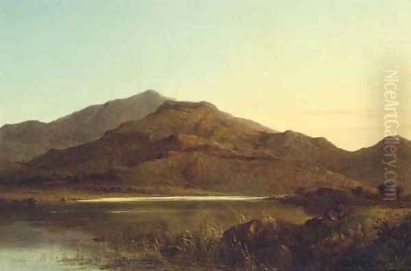 Fishermen by a lake at dusk - view 1