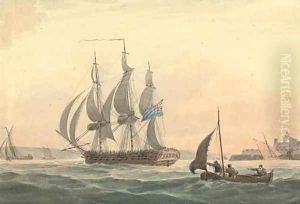 Royal Navy making sail out of Plymouth and passing the Citadel
