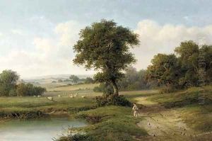 A shepherd by a pond in a wooded landscape