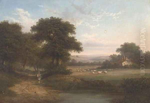A shepherd on a wooded track, a cottage beyond - view 1