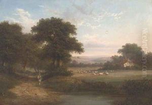 A shepherd on a wooded track, a cottage beyond