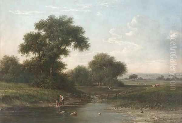 Boys fishing by a stream - view 1