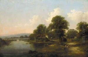 Children before a cottage in a wooded river landscape