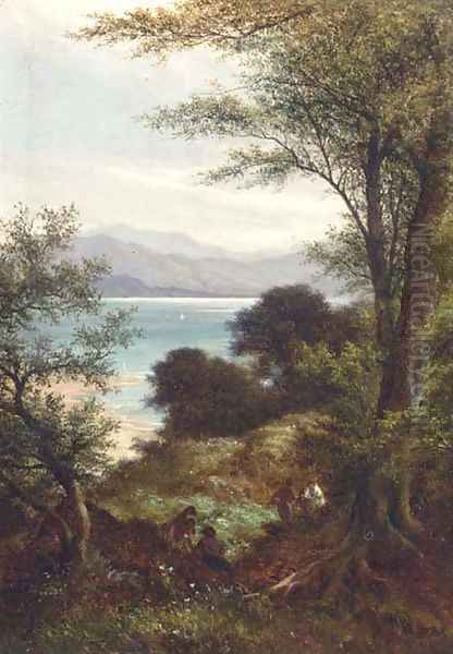 Figures in a wooded landscape, a coastal view beyond - view 1
