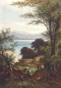 Figures in a wooded landscape, a coastal view beyond by William Heath