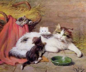 Cat with kittens by Leon Charles Huber