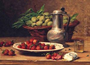 Plums In A Basket, Strawberries On A Plate, A Wine Glass, And A Pewter Jug On A Table