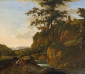 Gebirgslandschaft Mit Wanderern Und Einem Hochgelegenen Kastell