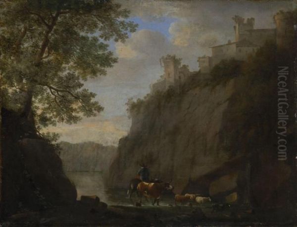 Hirte Mit Vieh Am Wasser In Sudlicher Felsenlandschaft - view 1
