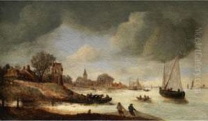 Uferlandschaft Mit Gebauden Und Schiffen In Der Bucht Sowie Figurenstaffage by Jan Both