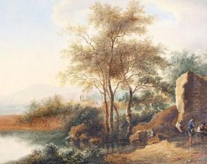 A Wooded River Landscape With Travellers Resting Beside A Country Path by Jan Both