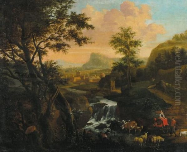 Mountain Landscapewith
Travellers And Cattle Near A Fast Flowing Stream. A Town Atthe Horizon - view 1