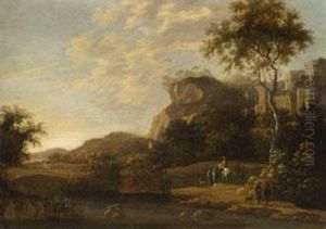 Ideallandschaft Mit Burgruine
 Auf Einem Felsen Und Reitern