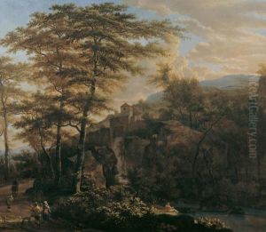 Bewaldete Gebirgslandschaft Mit Einem Wasserfall Und Wanderern. by Jan Both