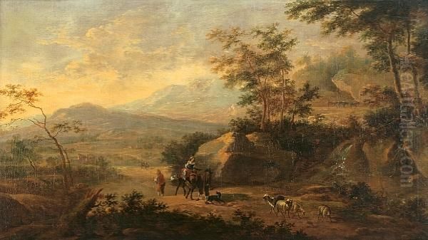 An Extensive Italianate
Landscape Withtravelers On A Path And A Waterfall In The Foreground - view 1