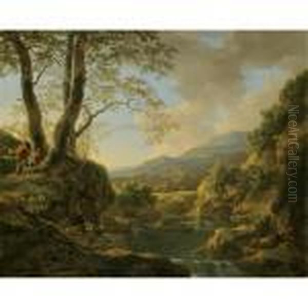 An Extensive River Landscape With Herdsmen Resting Their Goats Under A Tree - view 1