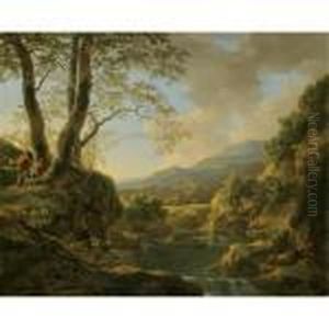 An Extensive River Landscape With Herdsmen Resting Their Goats Under A Tree by Jan Both