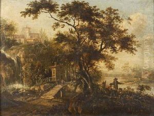 A Wooded River Landscape With Figures And Hilltop Village