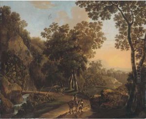 A Wooded Landscape With Travellers On A Hillside Track by Jan Both