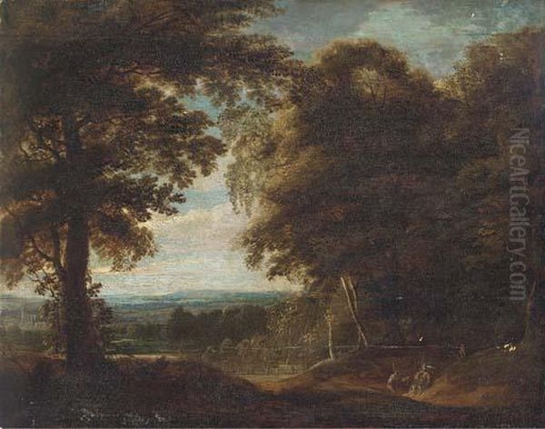 A Wooded Landscape With Travellers At Rest - view 1