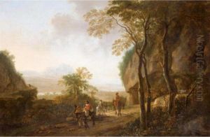 An Extensive River Landscape With Travellers On A Path In The Foreground