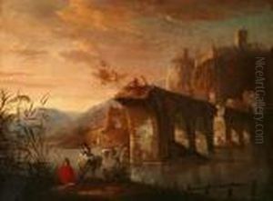 Attributed To Jan Both . Figures By An Aqueduct With A Castle In The Distance by Jan Both