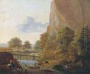 An Italianate Landscape With Muleteers Fording A River, A Sportsmanin The Distance by Jan Both