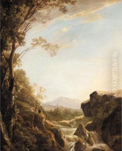 An Italianate Landscape With An Artist Sketching Beside A Cascade